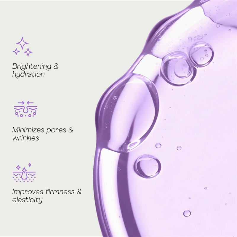 Niacinamide 5% serum purple texture with benefits icons