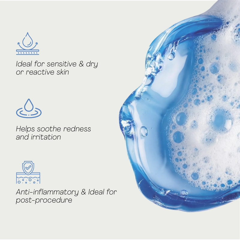 Cica Facial Cleanser blue gel texture benefits infographic