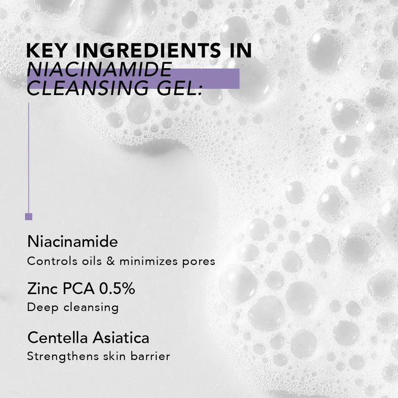 Niacinamide Cleansing Gel key ingredients foam infographic
